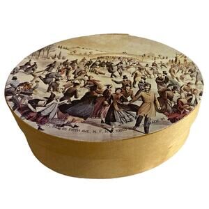 Vintage Shackman Wooden Oval Gift Box Currier & Ives Central Park Skating READ